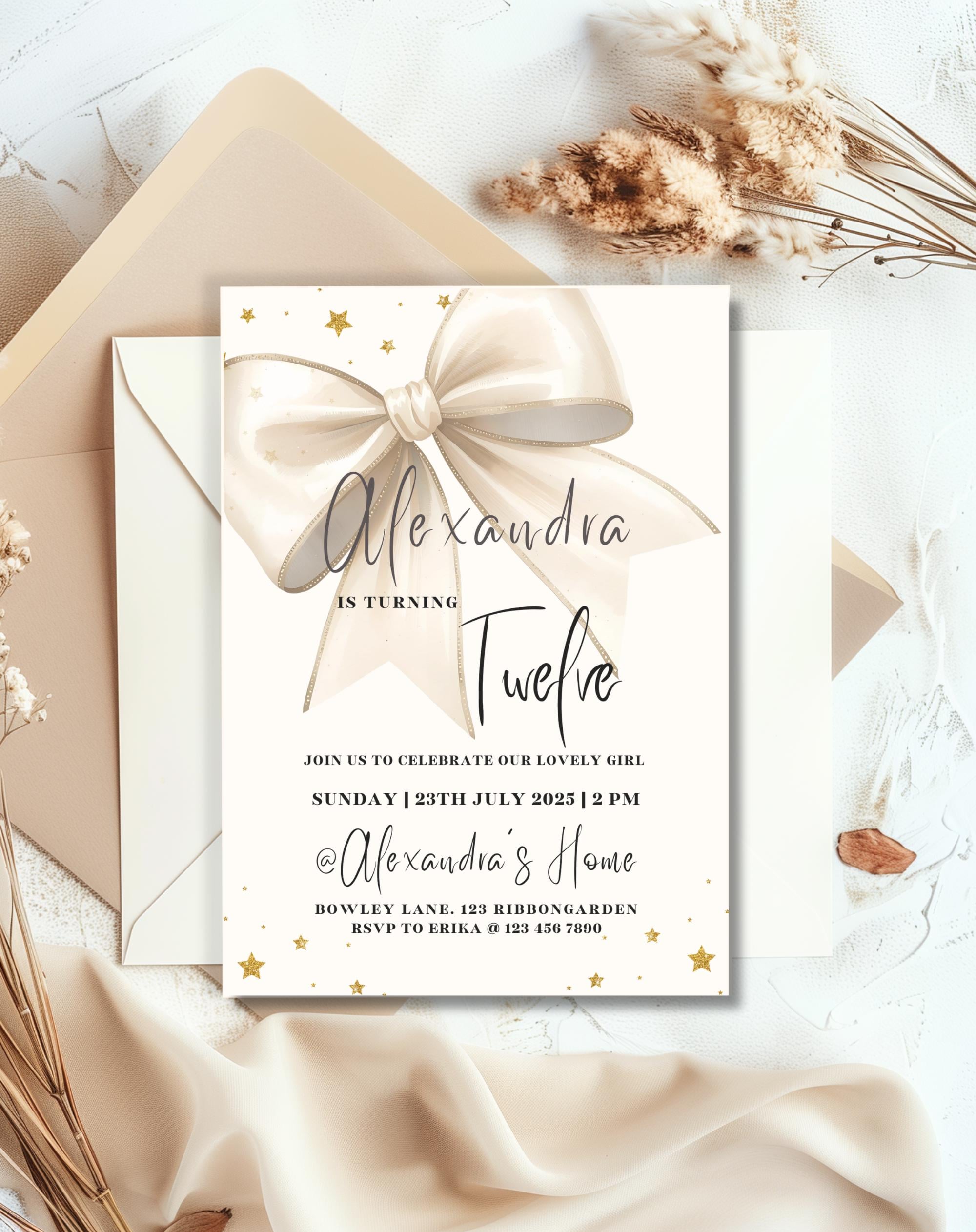 Gold Bow Satin Ribbon Birthday Invitation