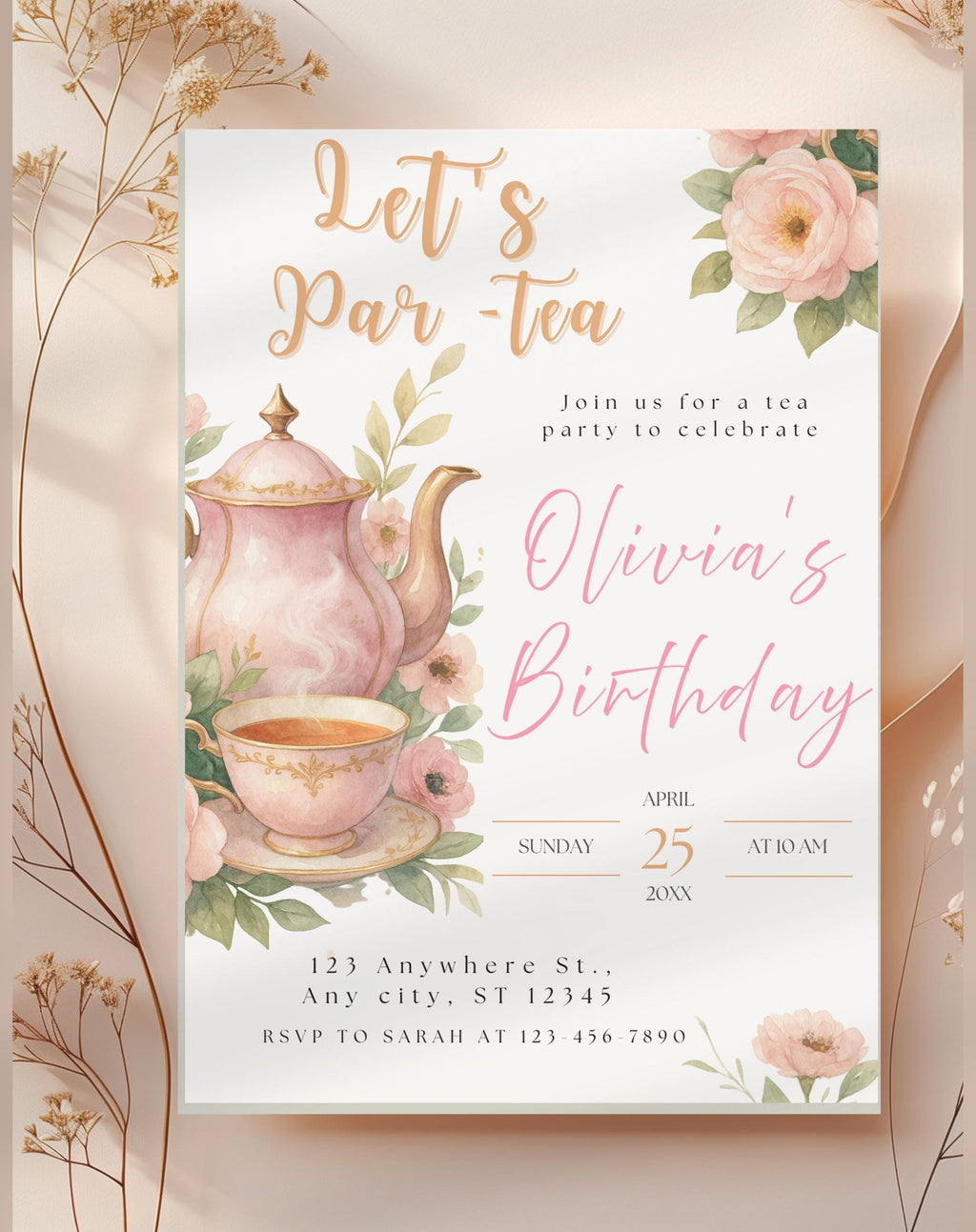 Watercolor Floral Tea Party Birthday Invitation