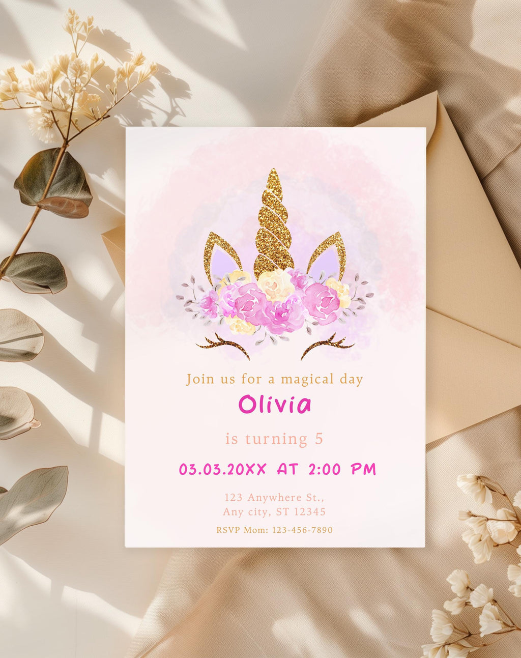 Unicorn Pink Gold Floral Birthday Invitation