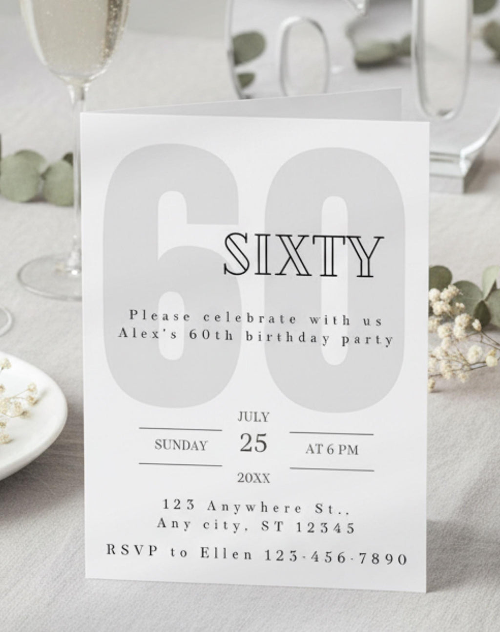 60th Black and White Birthday Invitation