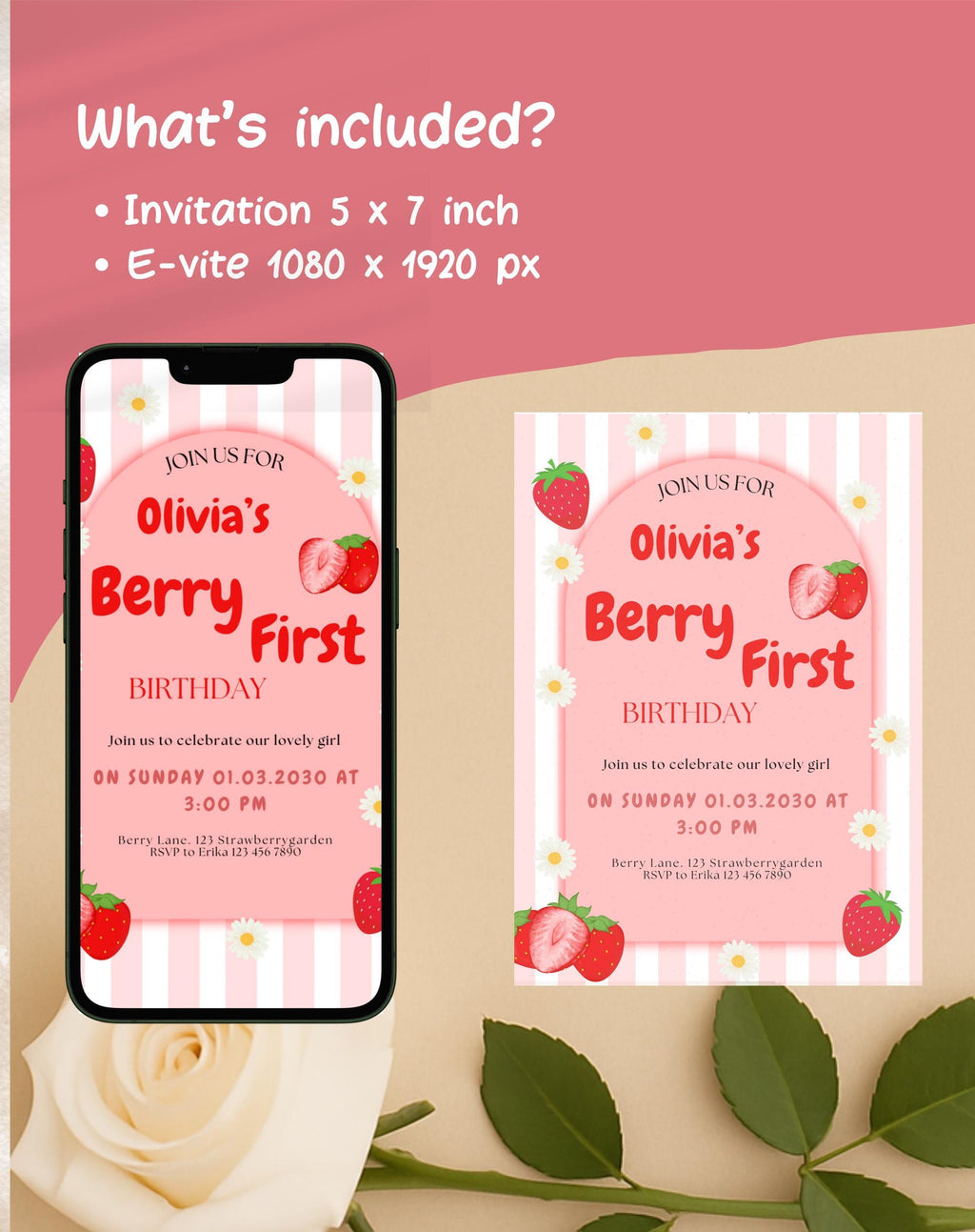 Strawberry Berry First Birthday Invitation