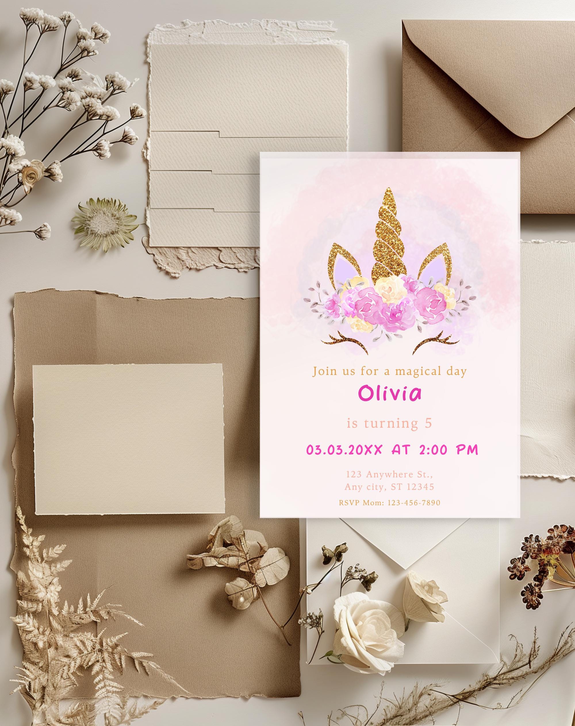 Unicorn Pink Gold Floral Birthday Invitation