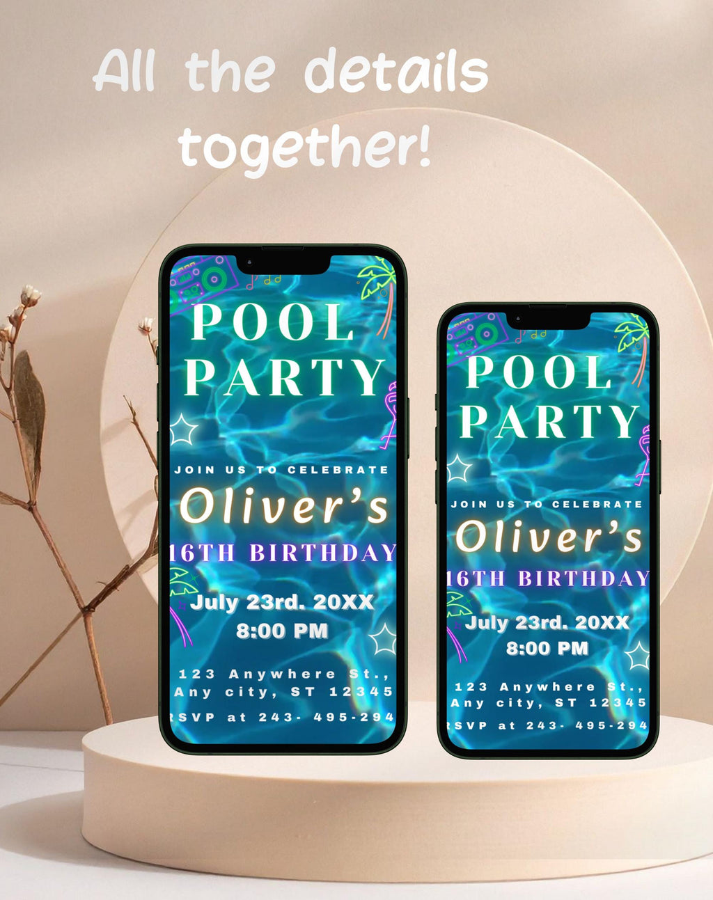 Neon Blue/Gold Pool Party Invitation (E-vite)