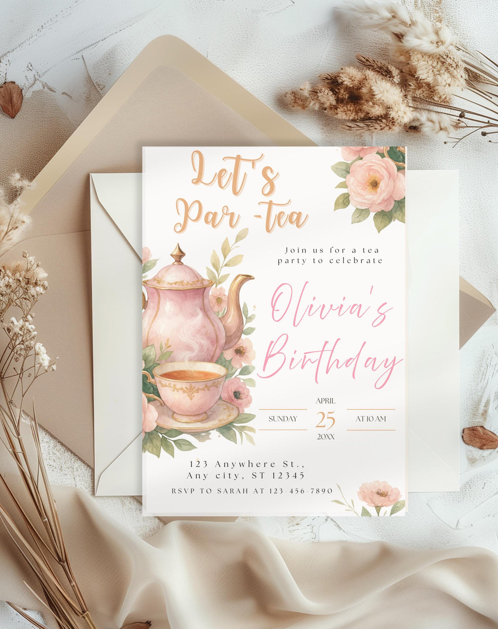 Watercolor Floral Tea Party Birthday Invitation