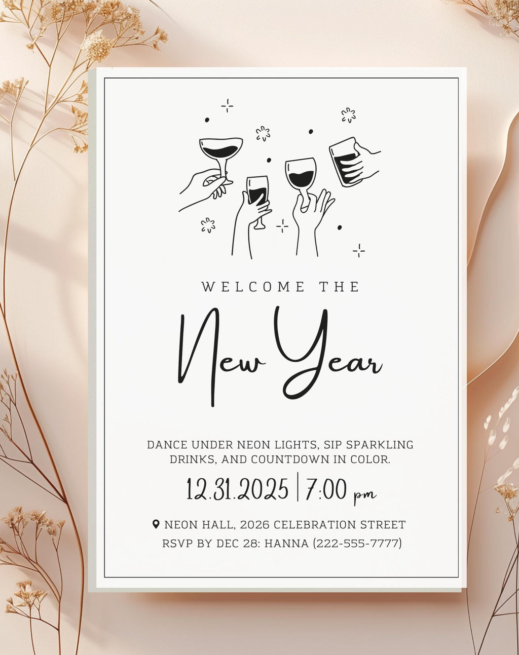 Black & White New Year Drinks Invitation