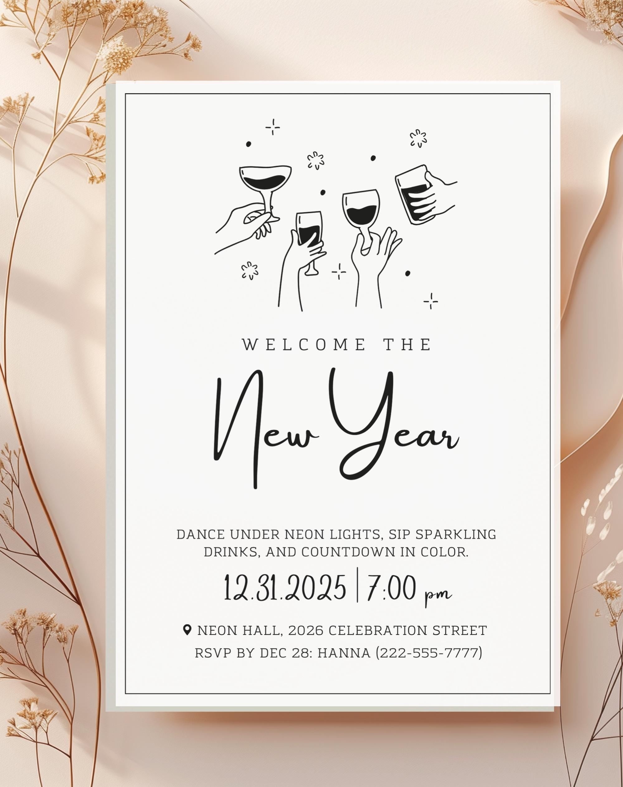 Black & White New Year Drinks Invitation