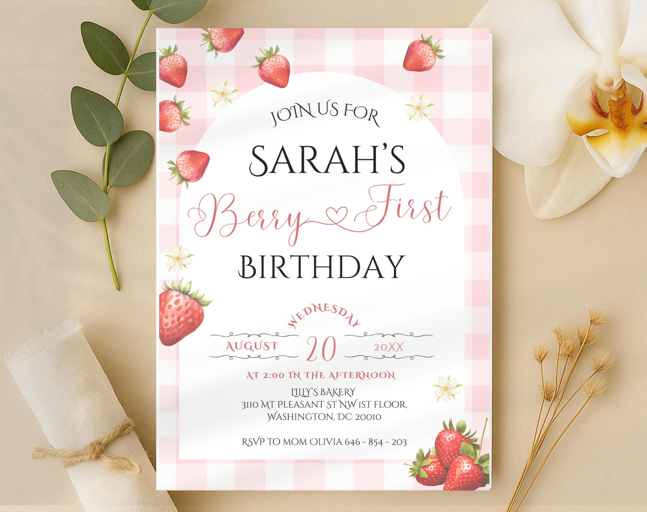 Berry First Birthday Strawberry Gingham Party Invitation