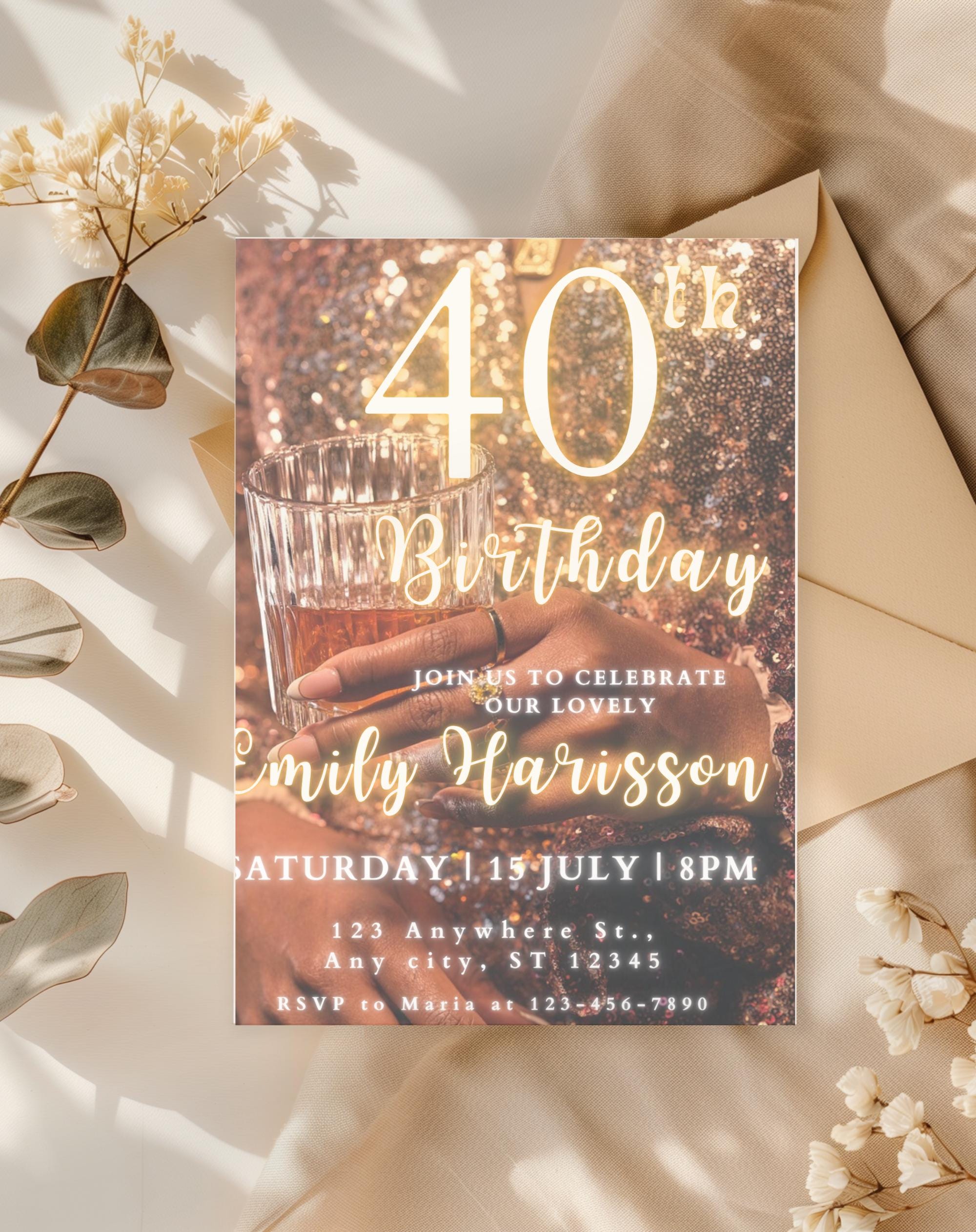40th Gold Glitter Birthday Invitation