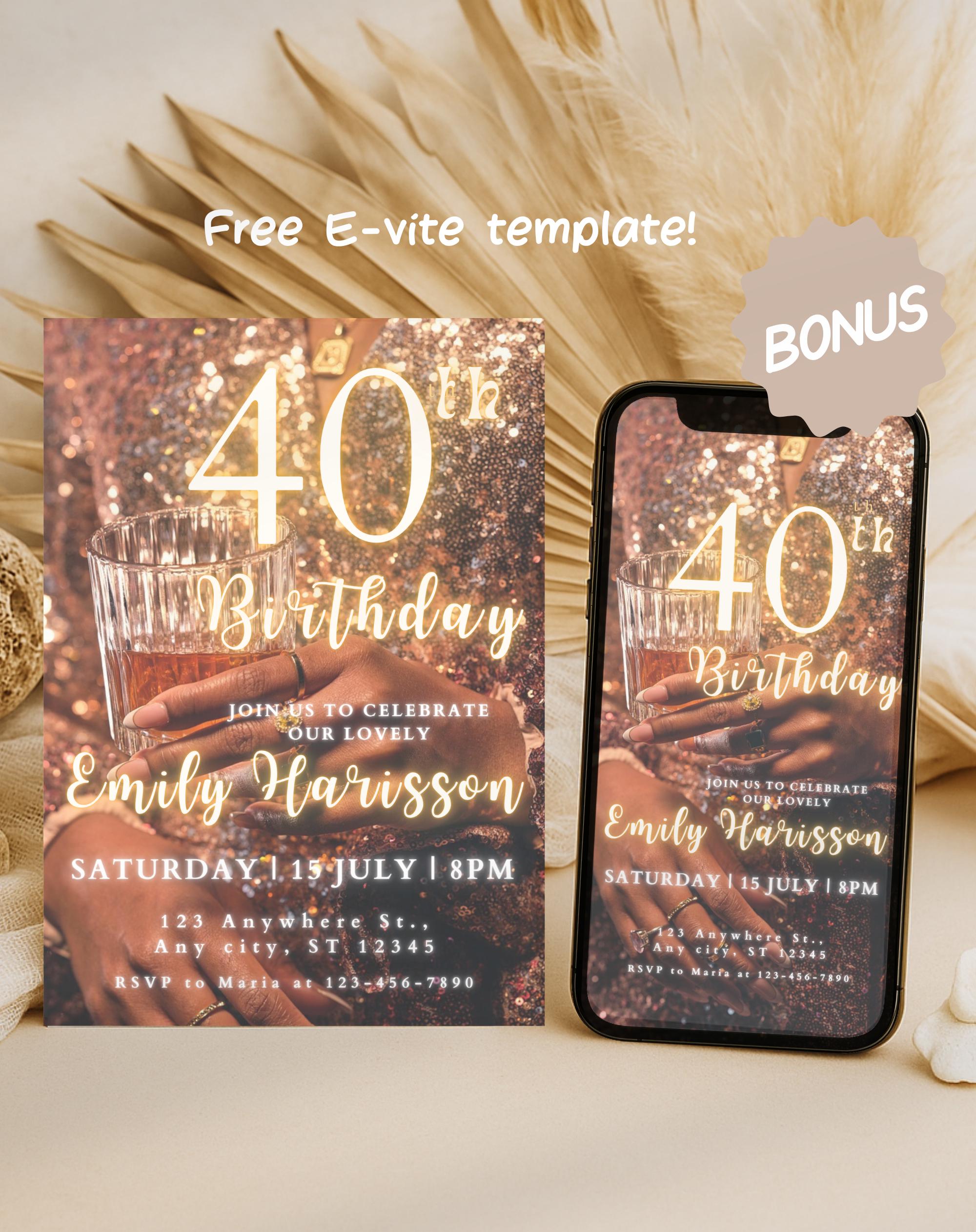 40th Gold Glitter Birthday Invitation