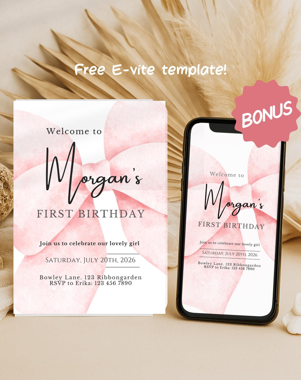 First Birthday Blush Pink Bow Invitation - styled invitation mockup
