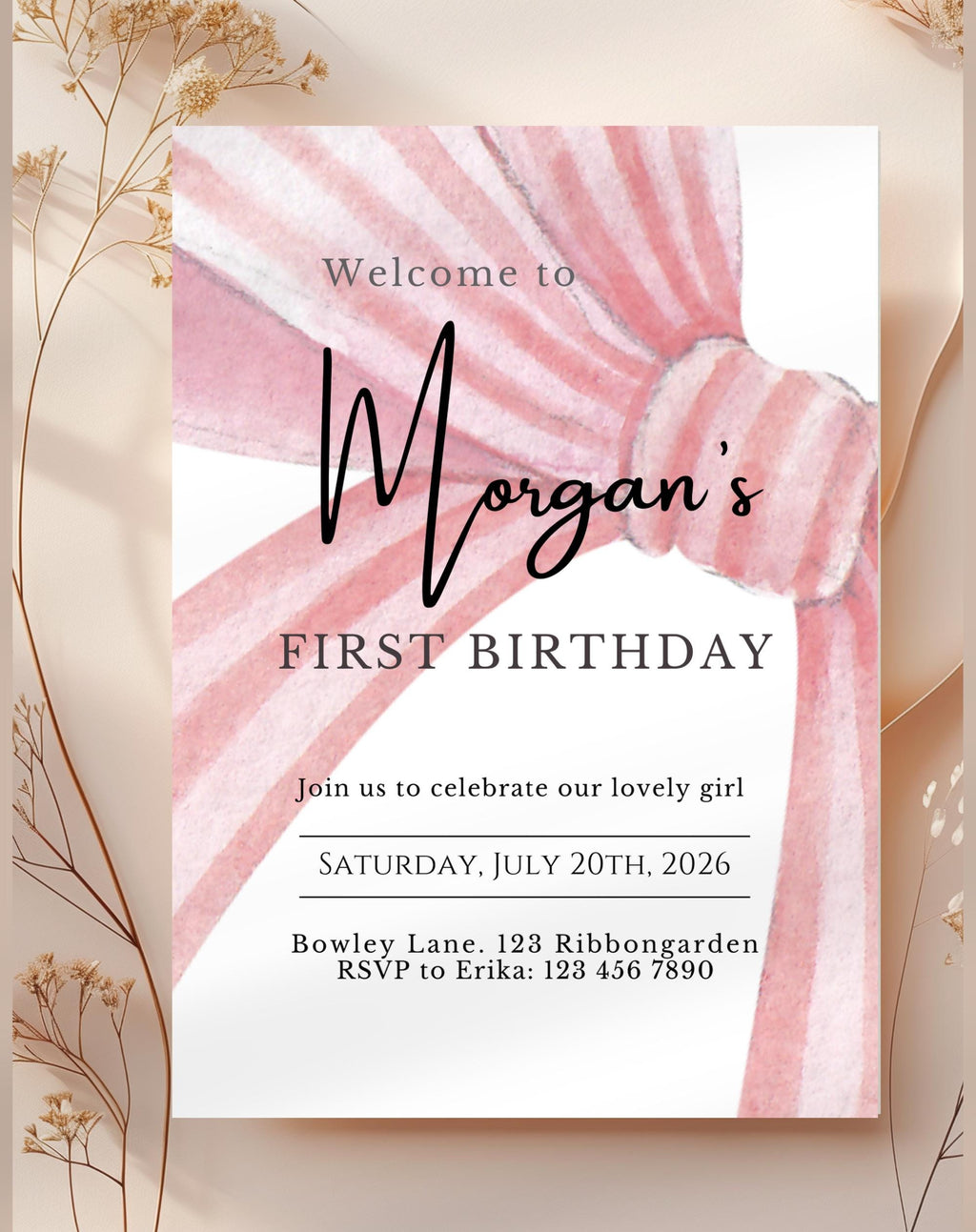 First Birthday Pink Bow Invitation - main design preview