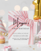 First Birthday Pink Bow Invitation - editable Canva template gallery image