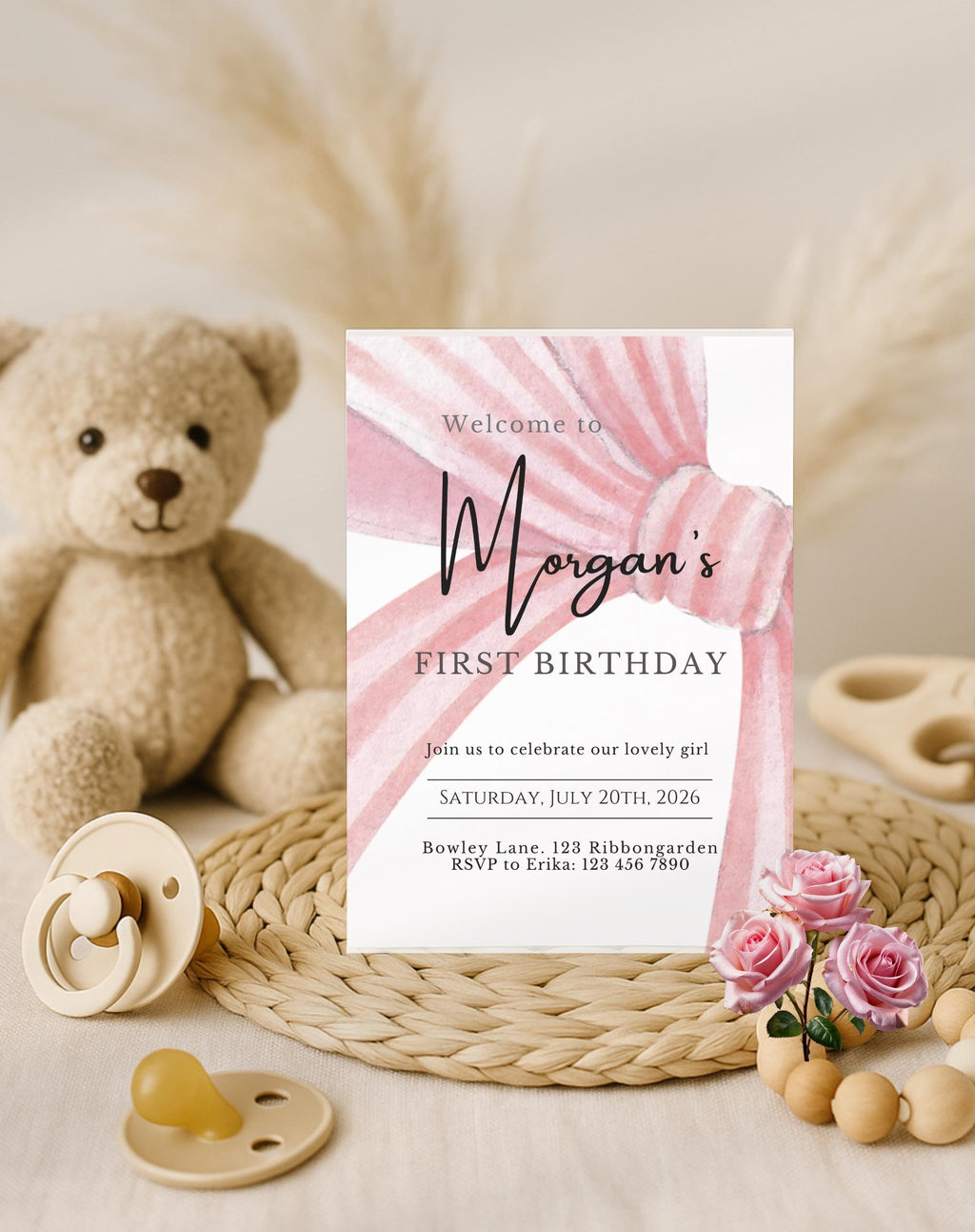 First Birthday Pink Bow Invitation - styled invitation mockup