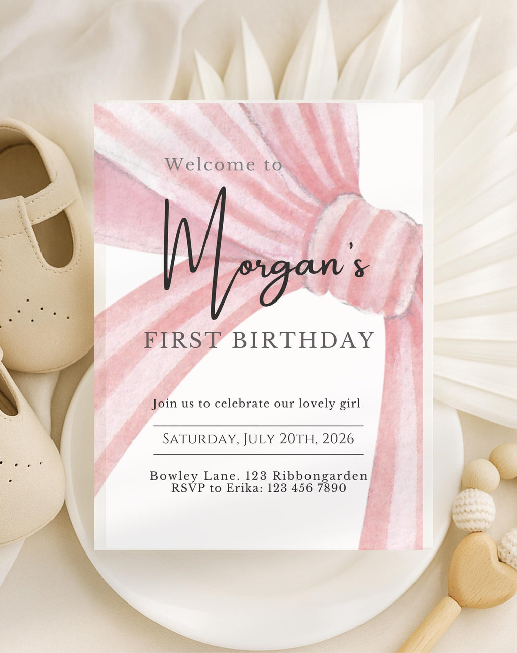 First Birthday Pink Bow Invitation - customizable birthday invitation