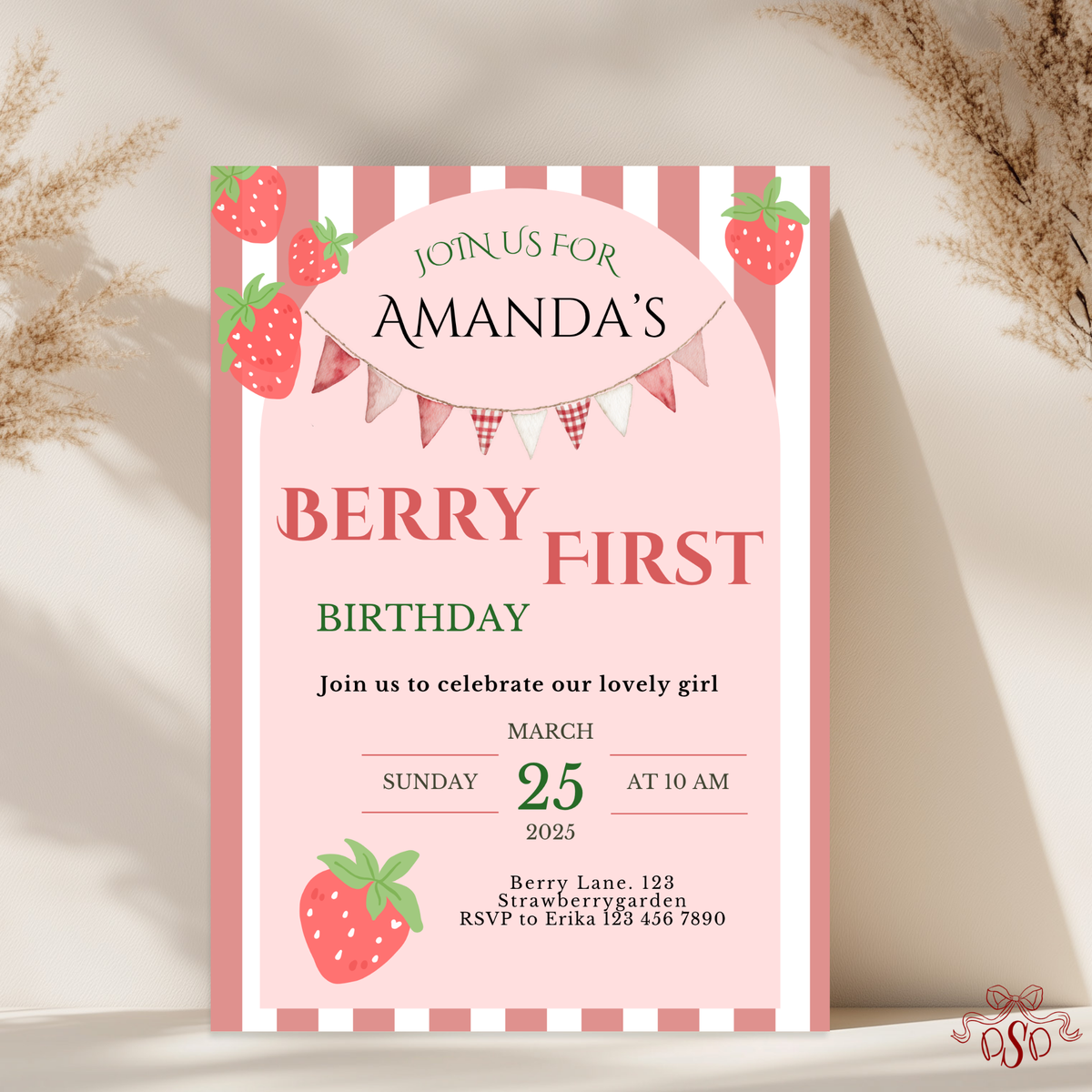 First Birthday Invitation Strawberry Theme - main design preview