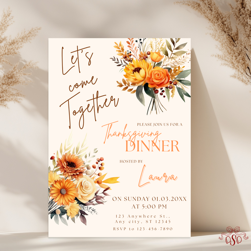 Floral Orange Bouquet Thanksgiving Dinner Invitation - main design preview