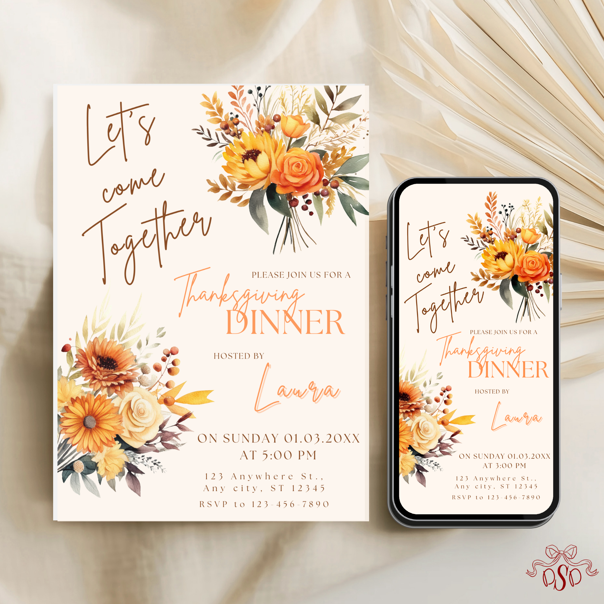 Floral Orange Bouquet Thanksgiving Dinner Invitation - editable Canva template gallery image