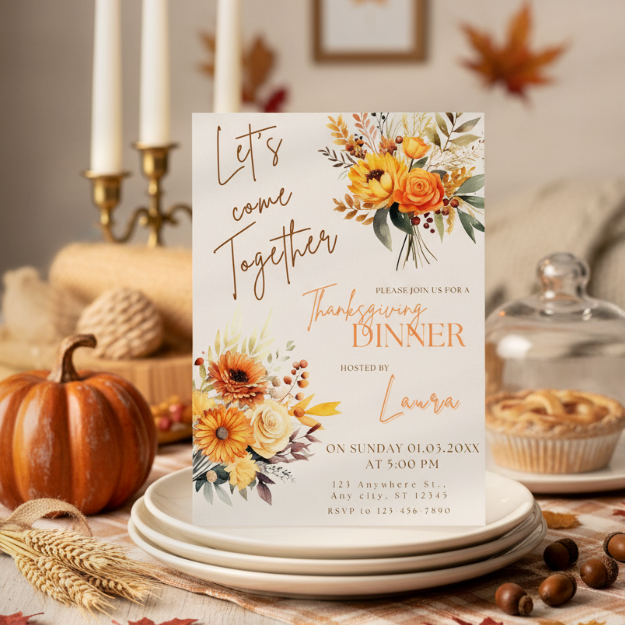 Floral Orange Bouquet Thanksgiving Dinner Invitation - printable invite design detail