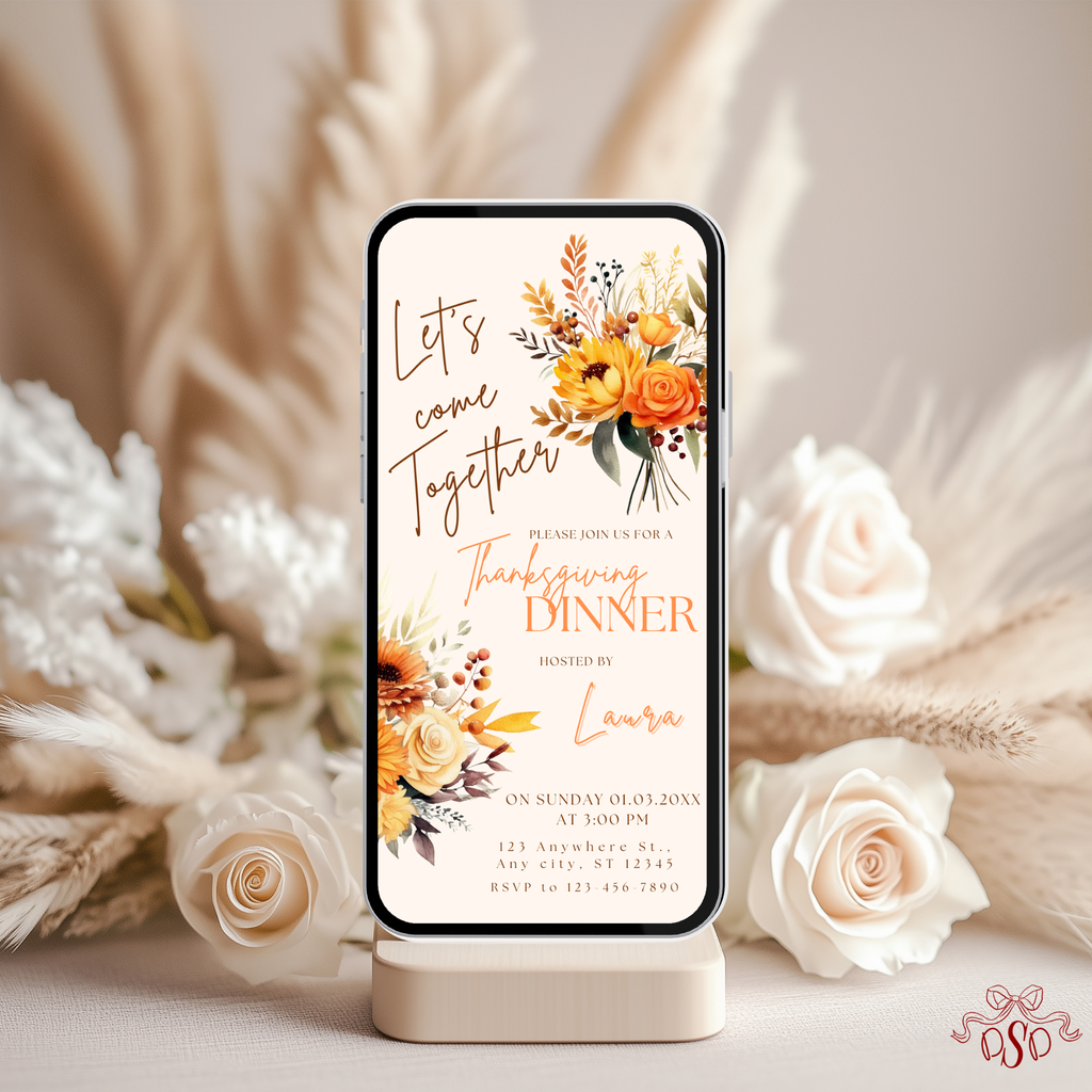 Floral Orange Bouquet Thanksgiving Dinner Invitation - styled invitation mockup