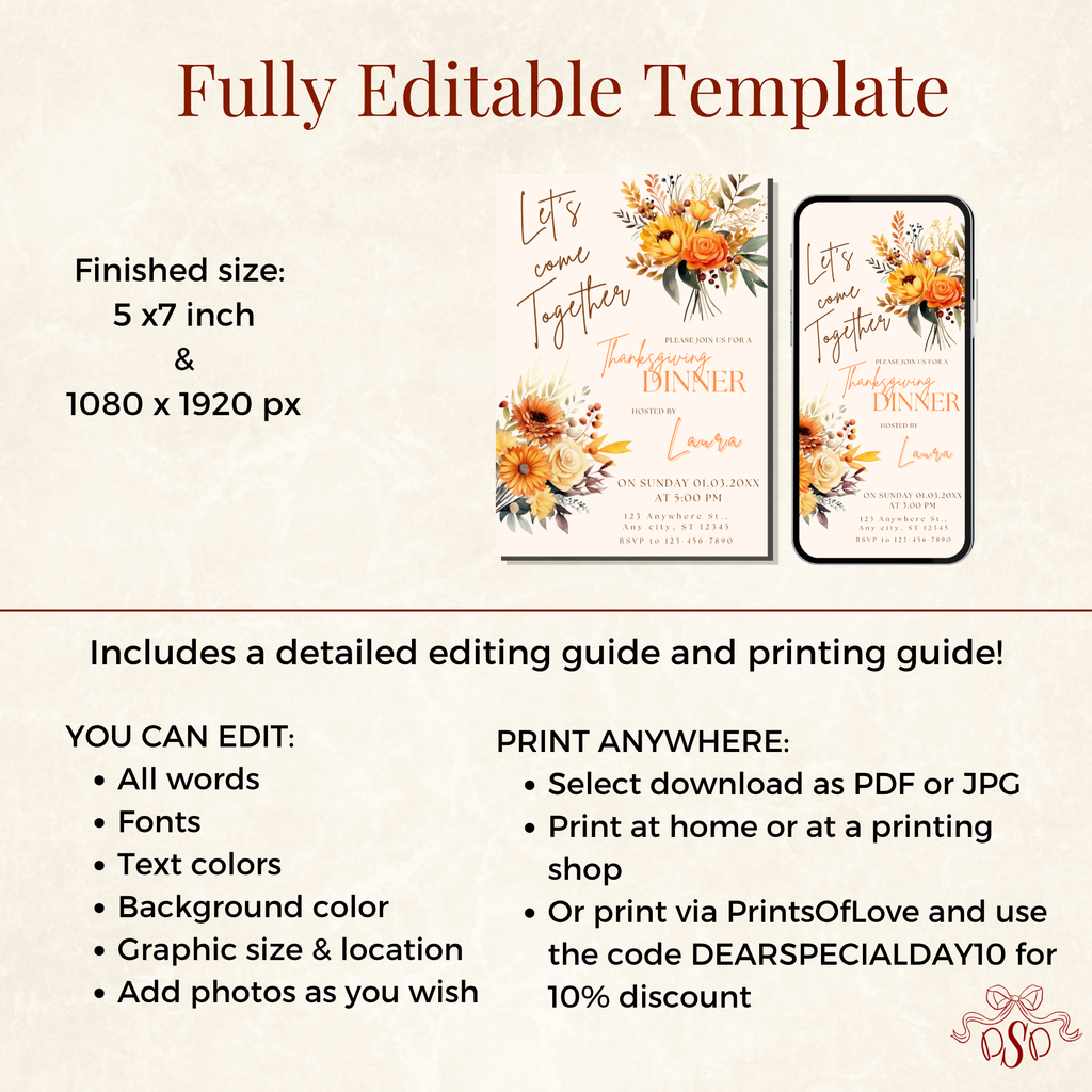 Floral Orange Bouquet Thanksgiving Dinner Invitation - additional gallery view