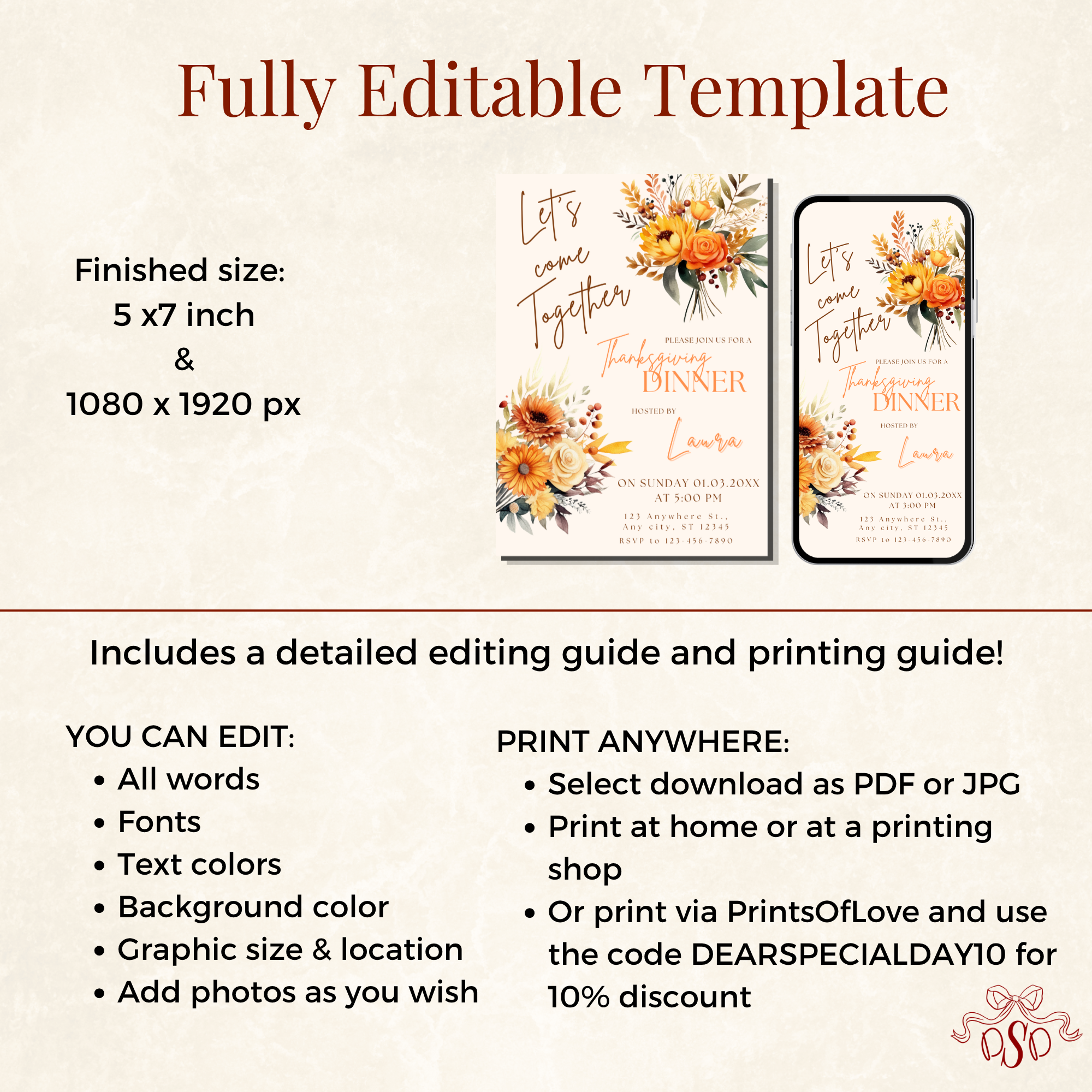 Floral Orange Bouquet Thanksgiving Dinner Invitation - additional gallery view