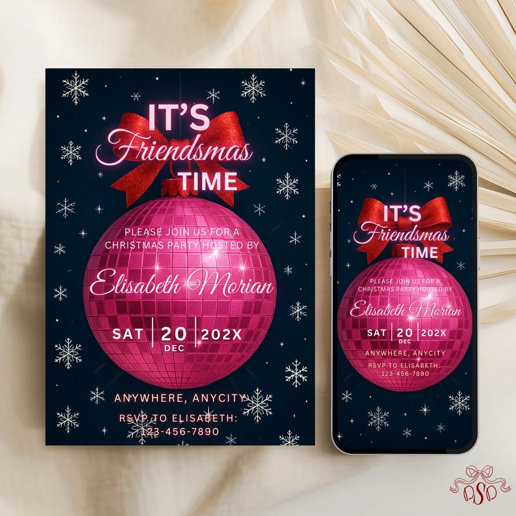 Friendsmas Pink Disco Ball Christmas Party Invitation - editable Canva template gallery image