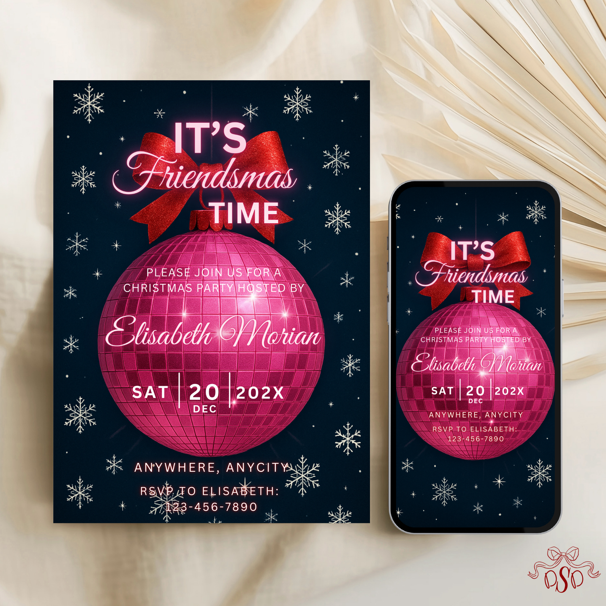 Friendsmas Pink Disco Ball Christmas Party Invitation - editable Canva template gallery image