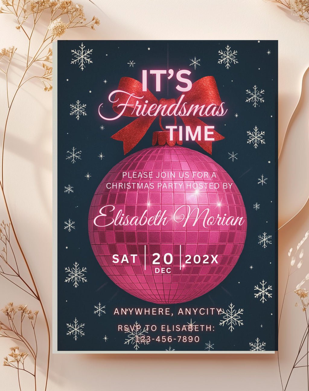 Friendsmas Pink Disco Ball Christmas Party Invitation - styled invitation mockup