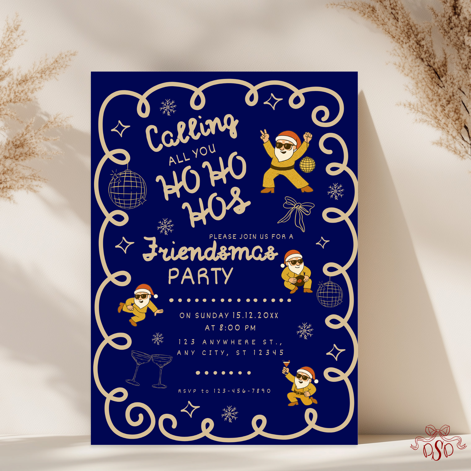 Funny Navy Gold Friendsmas Christmas Party Invitation - main design preview