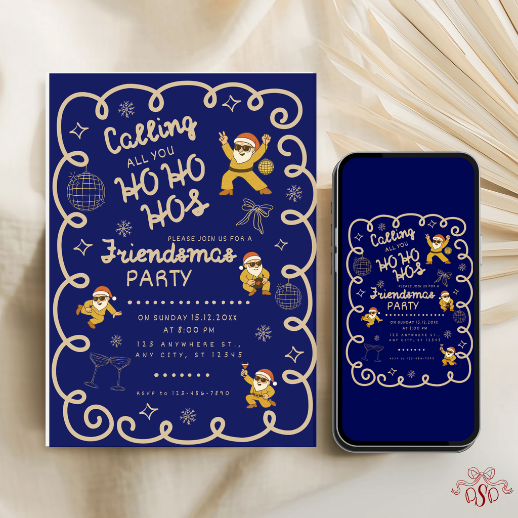 Funny Navy Gold Friendsmas Christmas Party Invitation - editable Canva template gallery image
