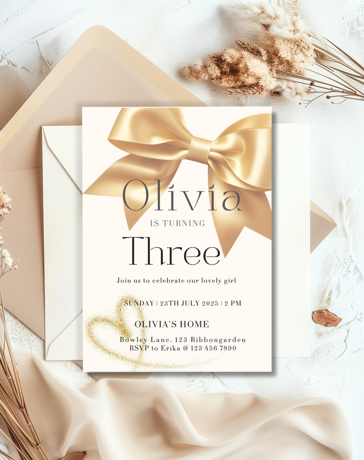 Gold Bow Birthday Invitation - editable Canva template gallery image