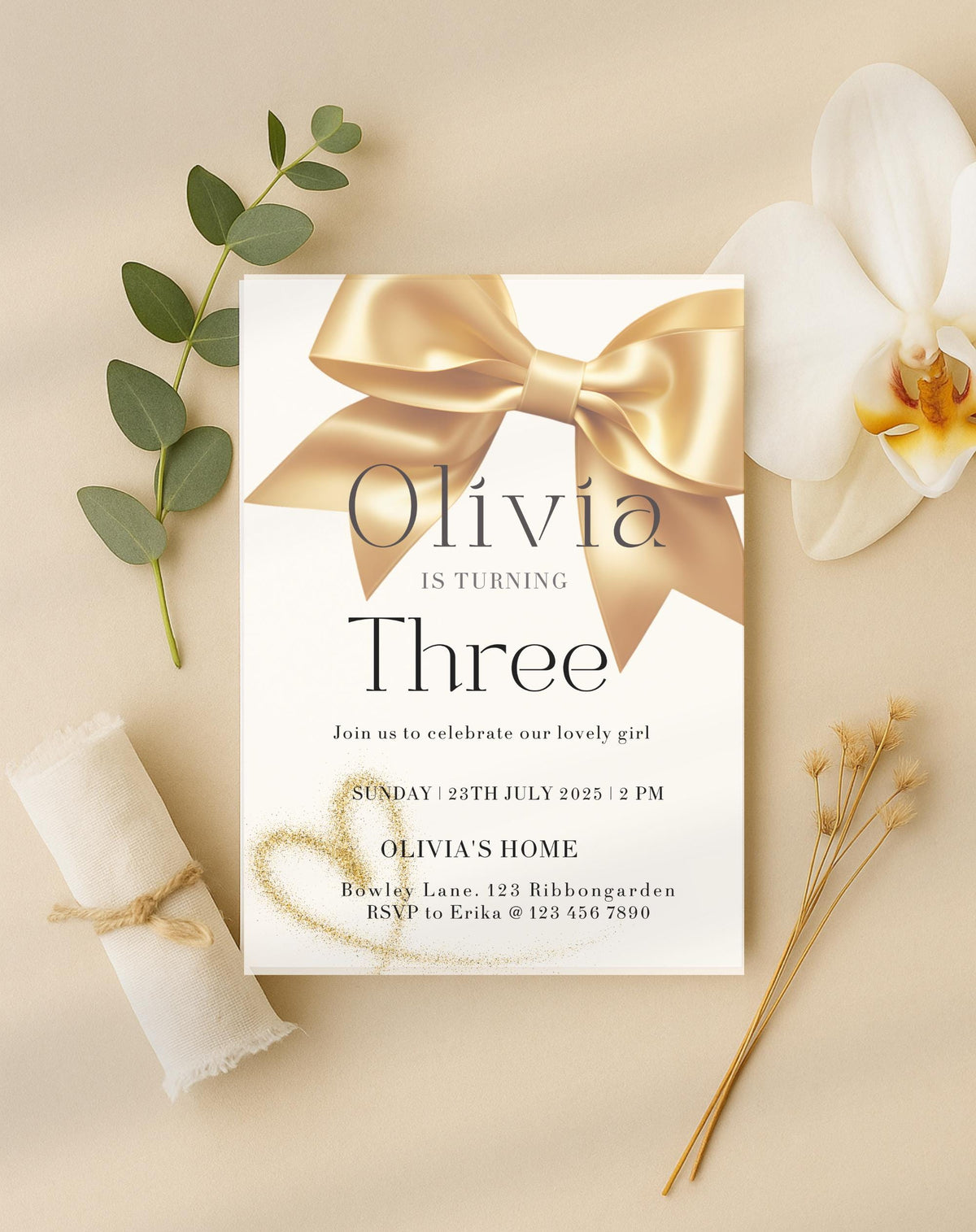 Gold Bow Birthday Invitation - printable invite design detail