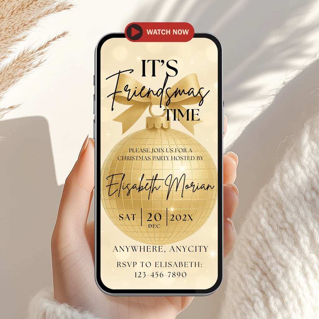 Gold Disco Ball Friendsmas Invitation Animated Video - main design preview
