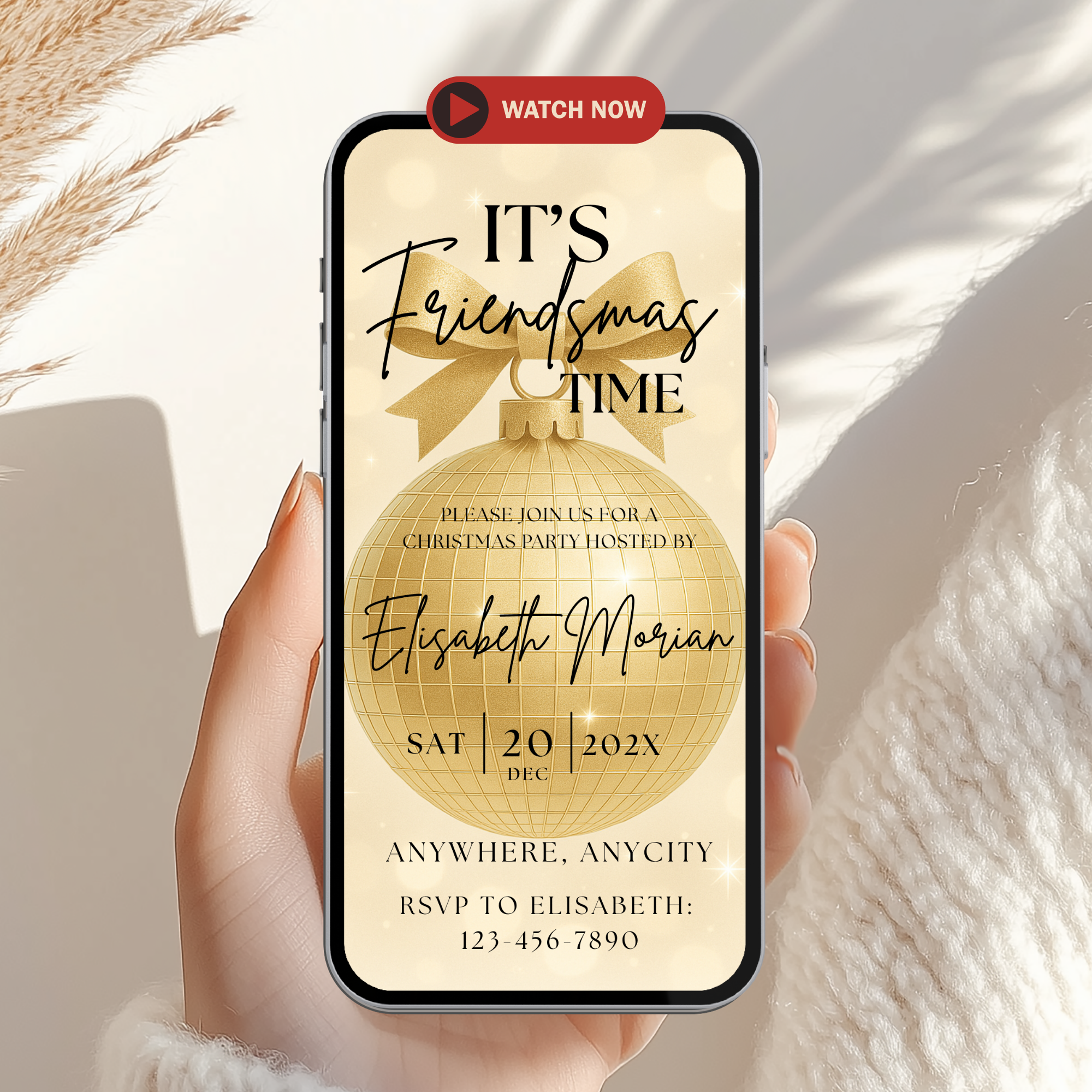 Gold Disco Ball Friendsmas Invitation Animated Video - main design preview