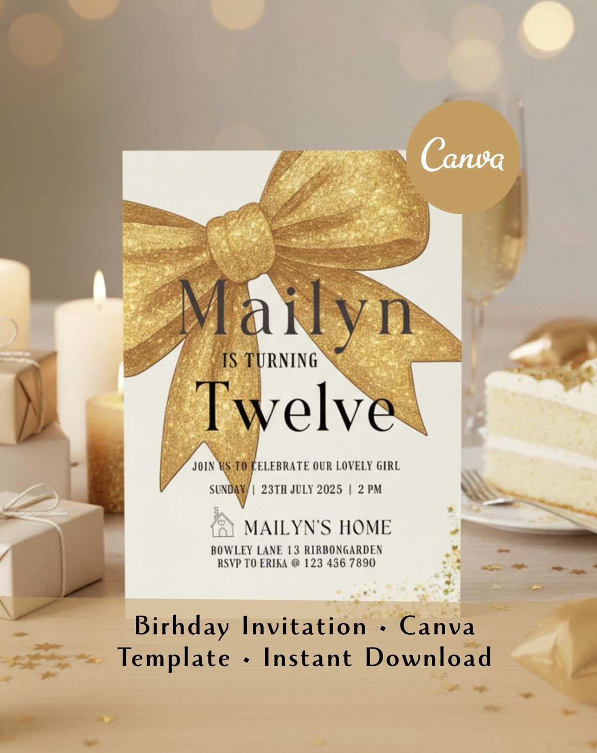Gold Glitter Bow Birthday Invitation - main design preview