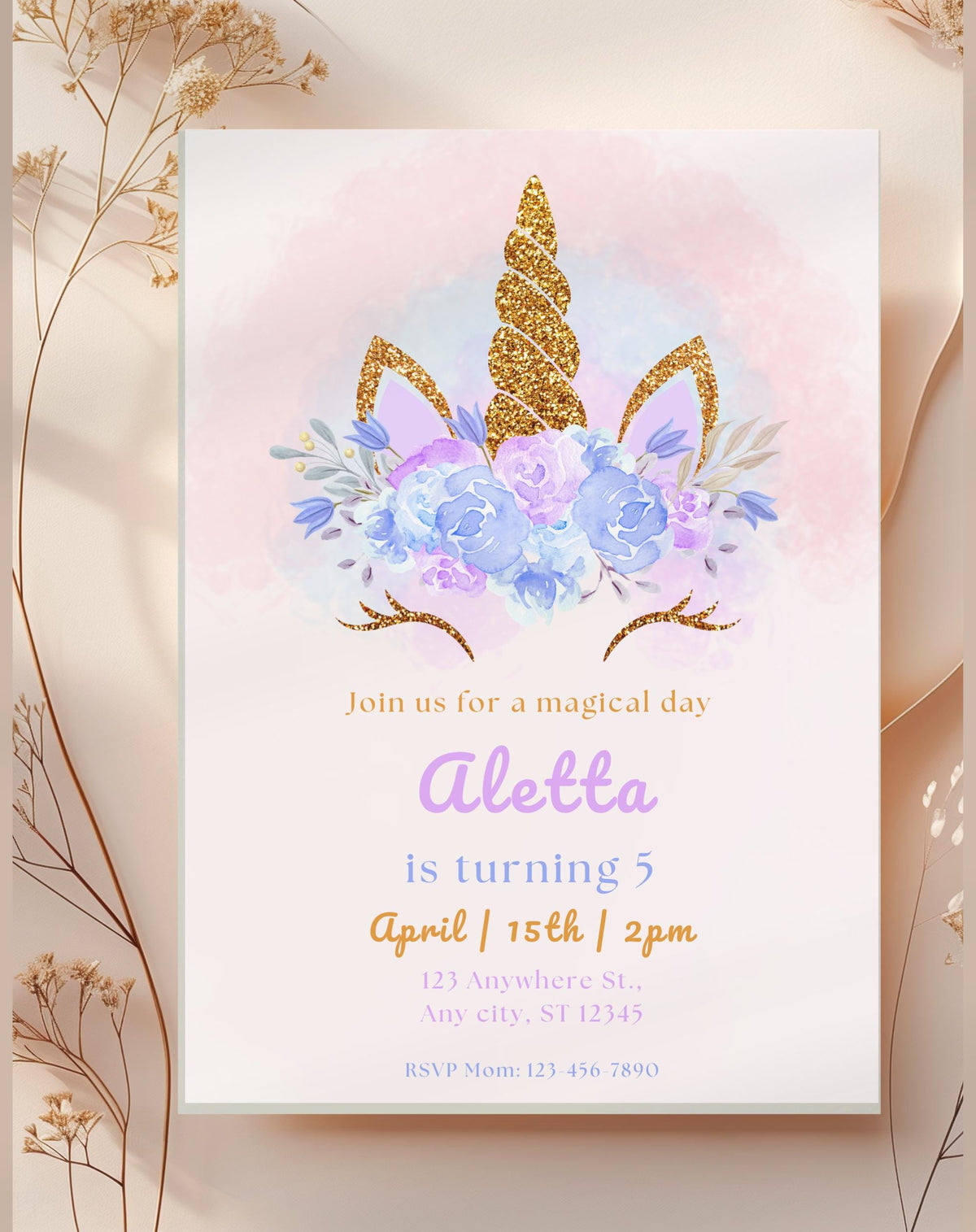Gold Glitter Unicorn Birthday Invitation - main design preview