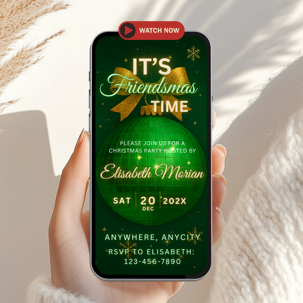 Green & Gold Friendsmas Disco Ball Invitation Animated Video - main design preview