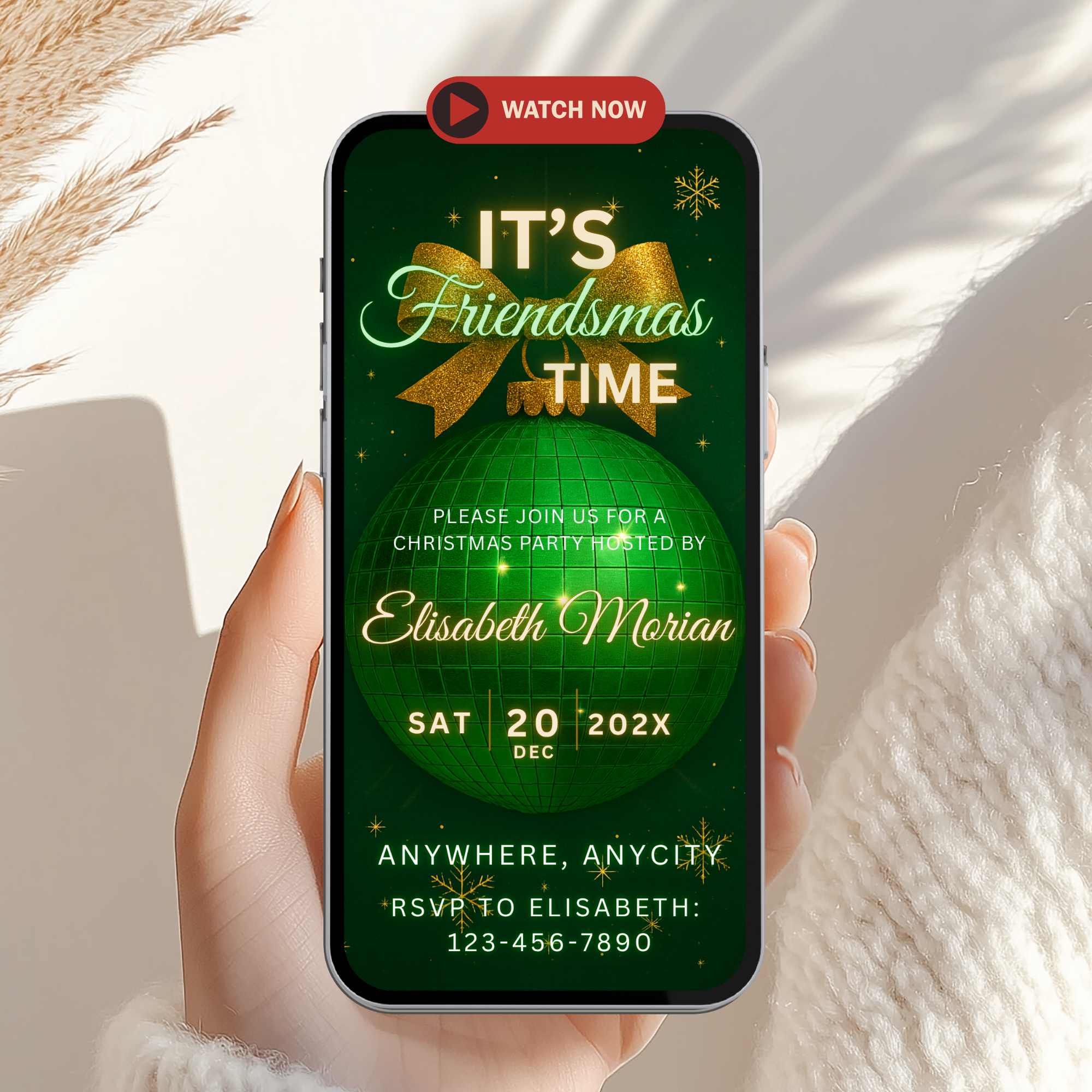 Green & Gold Friendsmas Disco Ball Invitation Animated Video - main design preview