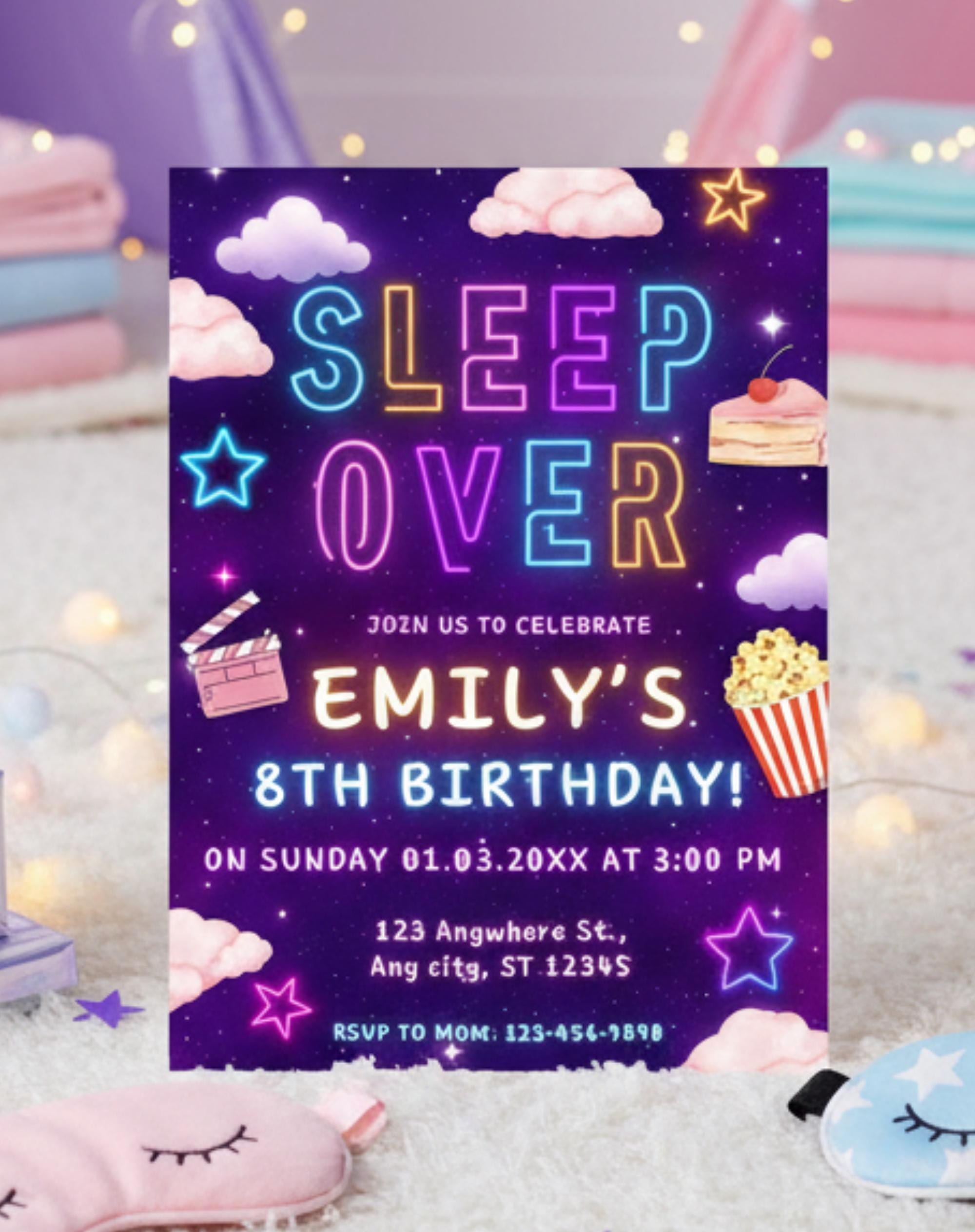 Neon Sleepover Birthday Invitation