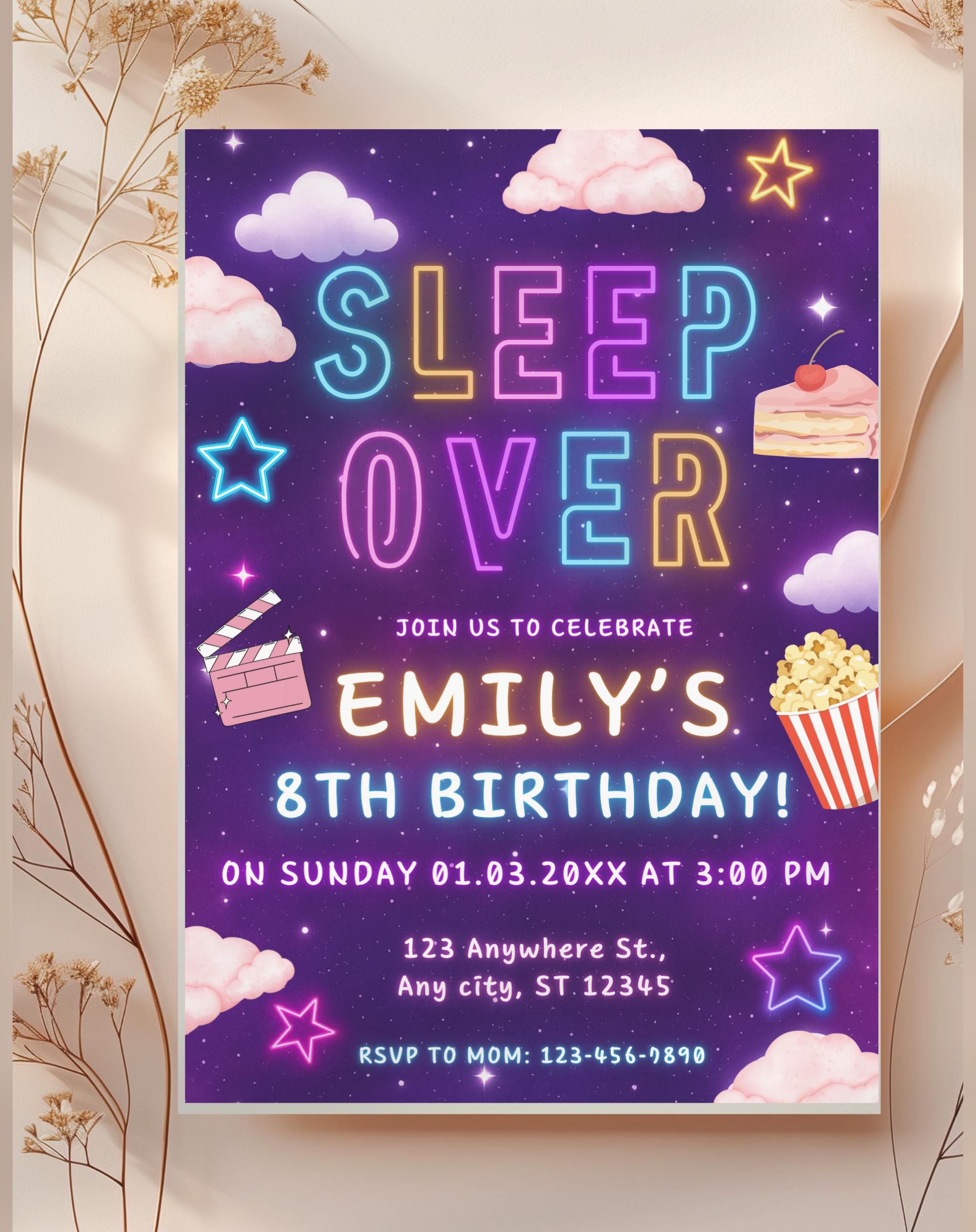 Neon Sleepover Birthday Invitation