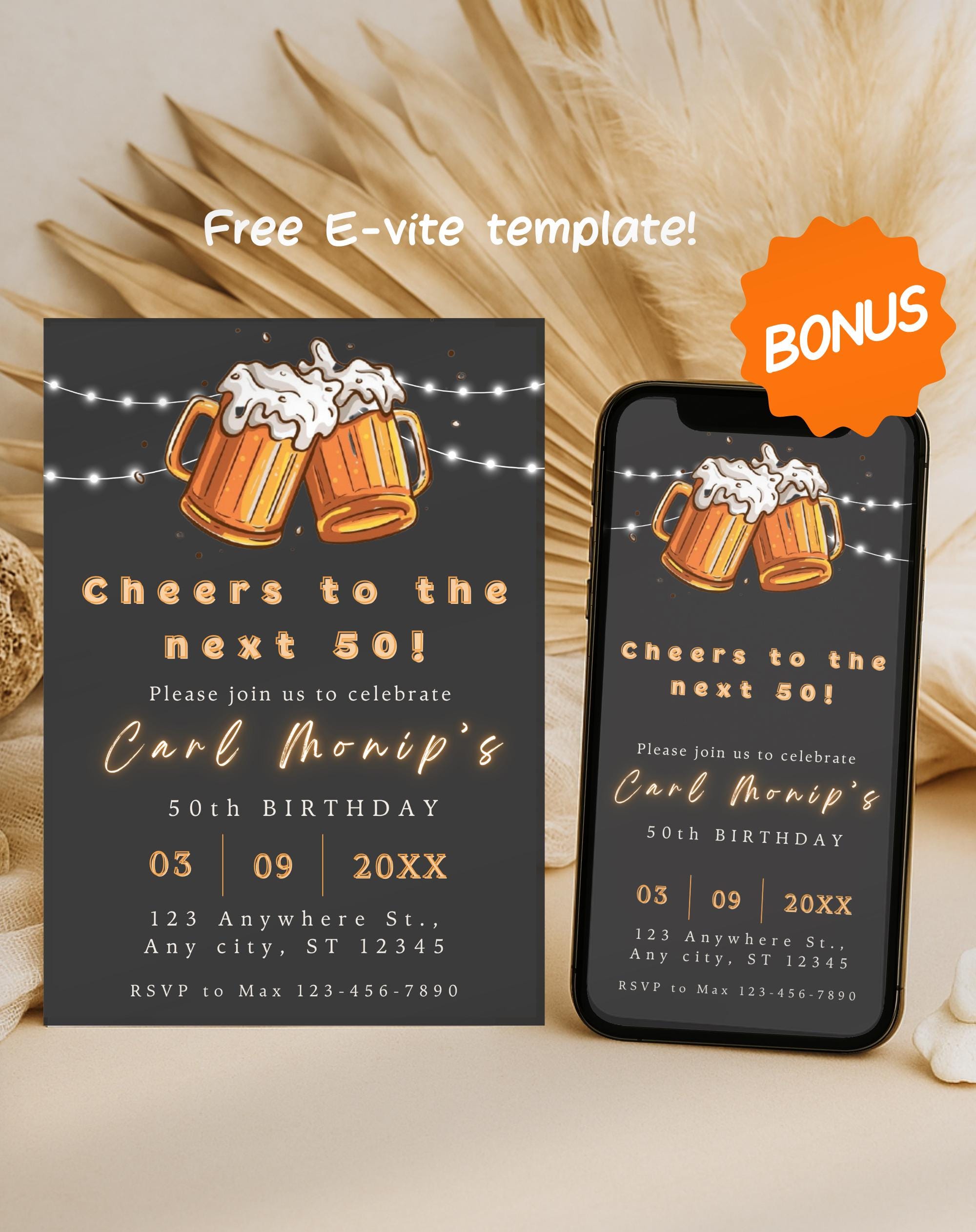 50th Birthday Invitation Cheers  and Beers to the Next 50 Beer Party Template Editable in Canva