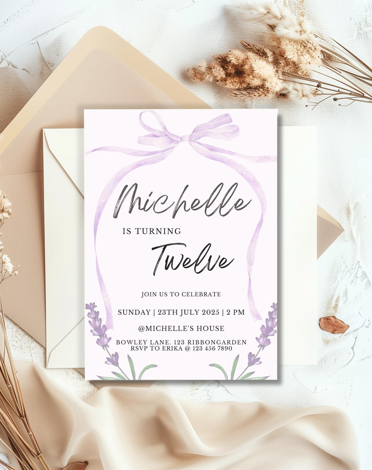 Lavender Bow Birthday Party Invitation - printable invite design detail