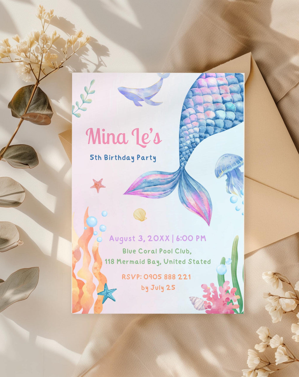 Mermaid Tail Birthday Invitation - printable invite design detail