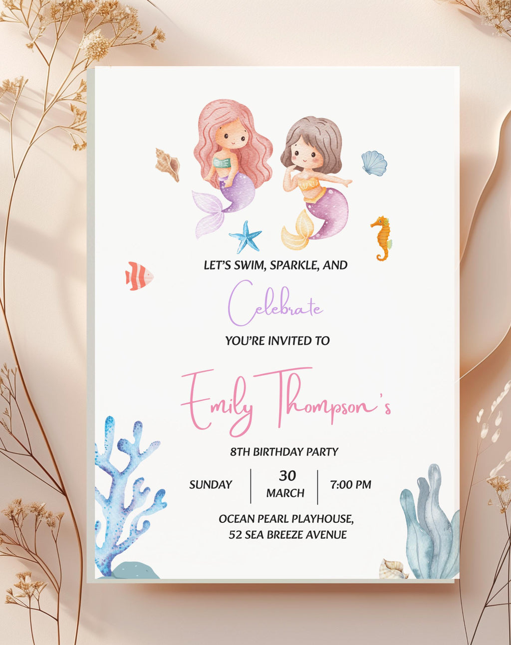 Mermaid Under the Sea Birthday Invitation - main design preview