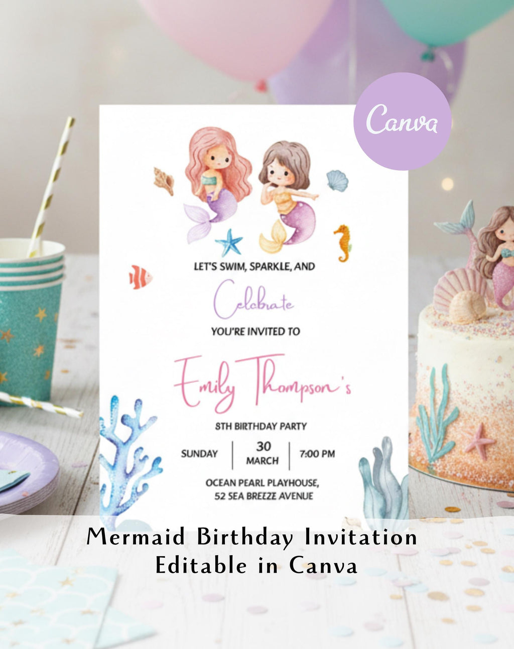 Mermaid Under the Sea Birthday Invitation - editable Canva template gallery image