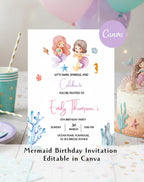 Mermaid Under the Sea Birthday Invitation - editable Canva template gallery image