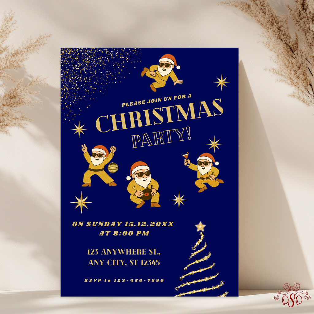 Navy Gold Christmas Party Invitation With Dancing Santa - main design preview