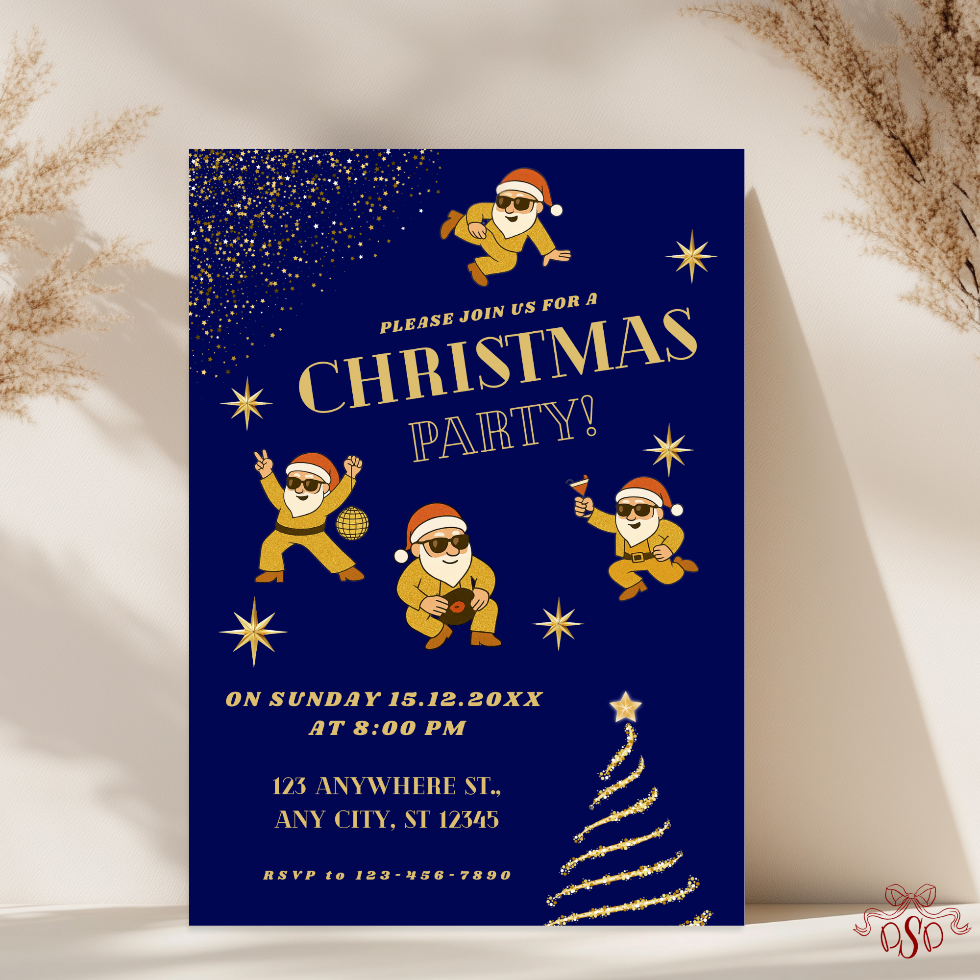 Navy Gold Christmas Party Invitation With Dancing Santa - main design preview