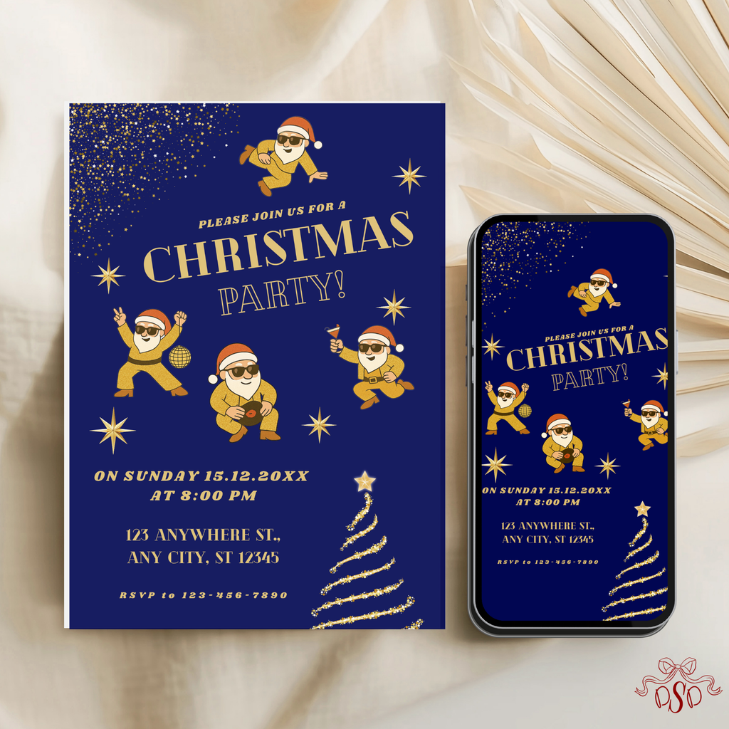 Navy Gold Christmas Party Invitation With Dancing Santa - editable Canva template gallery image
