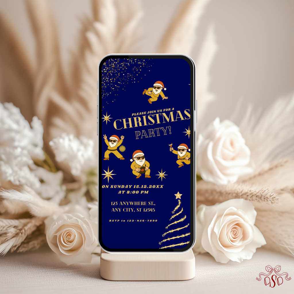 Navy Gold Christmas Party Invitation With Dancing Santa - printable invite design detail